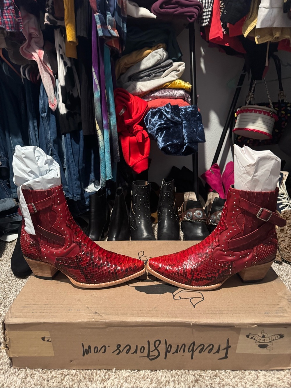 freebird Red Snakeskin Leather Western Ankle Boots sz 12